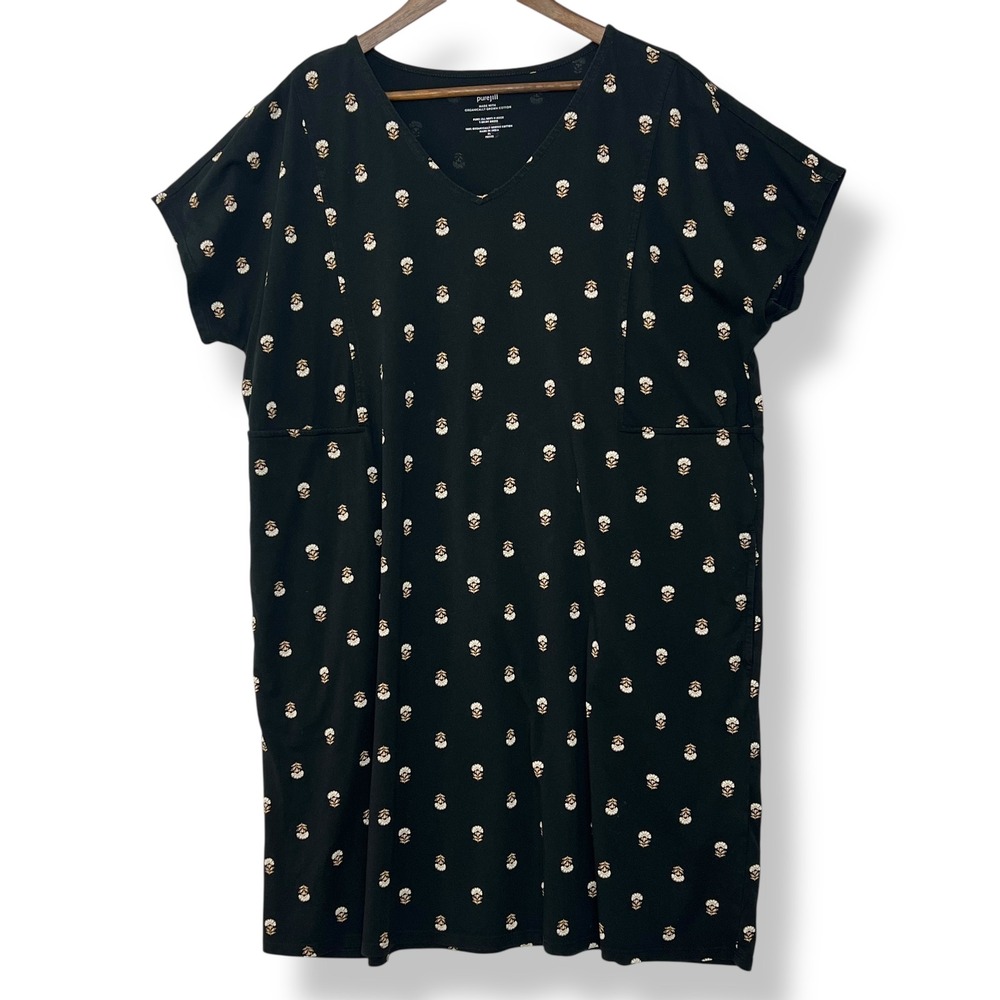 Pure Jill T-Shirt Dress XL Petite Black Floral Organic 100% Cotton Sustainable